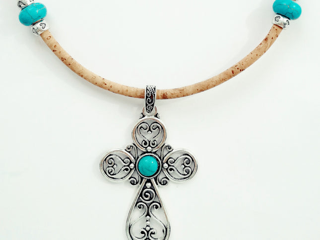 Collier Kork Schmuck Fashion Tikiwe türkis Kreuz