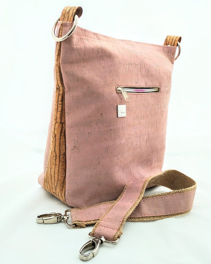 Tikiwe®Lady Shopper aus Kork, Farbe Rosé mit naturfarbenen, gestreiften Einsätzen aus Kork, großes Reißverschlussfach, handmade, Seitenansicht,