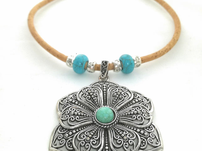 Collier Kork Schmuck Fashion Tikiwe türkis Blume