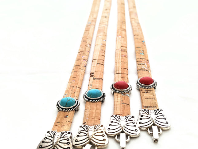 4 Armbänder / Choker aus Kork mit roten und türkisen Steinen, Schließe 2 Schmetterlinge
