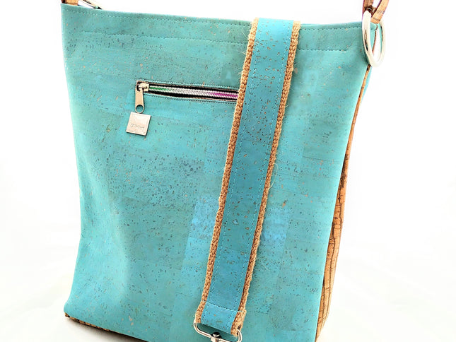 Tikiwe®Lady Shopper aus Kork, Farbe Türkis mit naturfarbenen, gestreiften Einsätzen aus Kork, großes Reißverschlussfach, handmade, Seitenansicht,