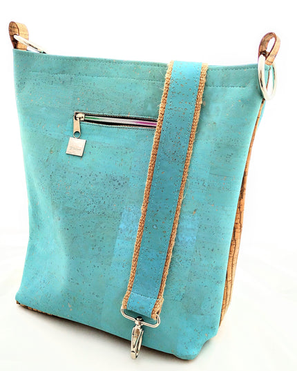 Tikiwe®Lady Shopper aus Kork, Farbe Türkis mit naturfarbenen, gestreiften Einsätzen aus Kork, großes Reißverschlussfach, handmade, Seitenansicht,