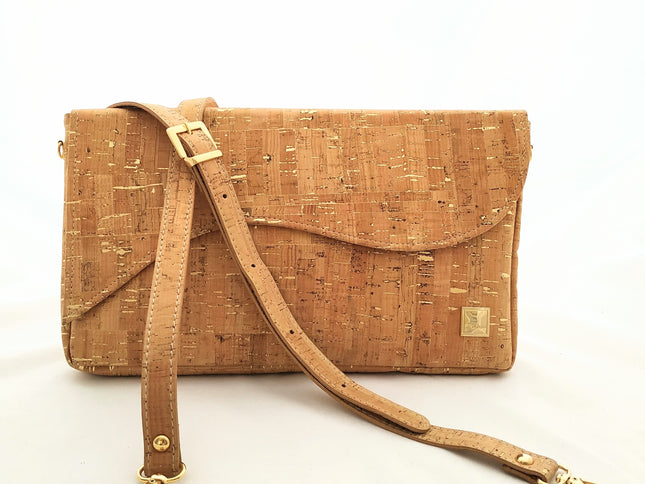 Tikiwe®Wave Basistasche aus Kork, naturfarben mit goldenen Flakes, Clutch, Schultertasche, langer Träger abnehmbar, Wechselklappe optional