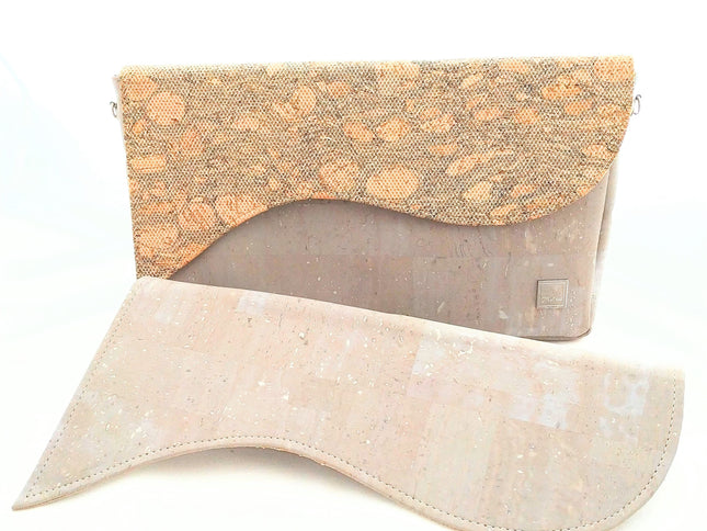 Tikiwe®Wave Basistasche, grauer Kork plus Zusatzklappe Delta, Kork mit Moos langer Schulterträger, Clutch