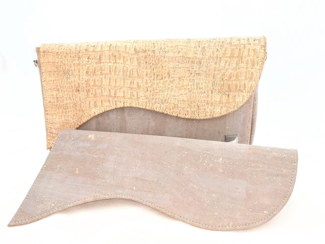 Tikiwe®Wave Basistasche, grauer Kork plus Zusatzklappe aus Kork mit Krokoprägung, langer Schulterträger, Clutch