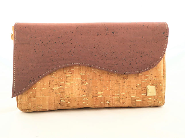 Tikiwe®Wave Basistasche aus Kork, naturfarben mit goldenen Flakes und Wechselklappe in der Farbe Mauve, Clutch, Schultertasche, langer Träger