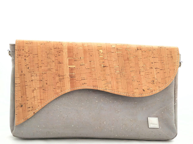 Tikiwe®Wave Basistasche, grauer Kork plus Zusatzklappe aus naturfarbenen Kork mit Goldflakes, langer Schulterträger, Clutch