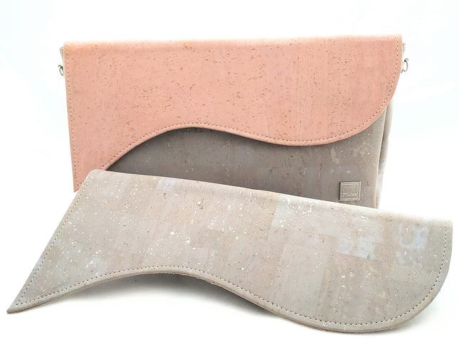 Tikiwe®Wave Basistasche, grauer Kork plus Zusatzklappe aus rosa Kork, langer Schulterträger, Clutch