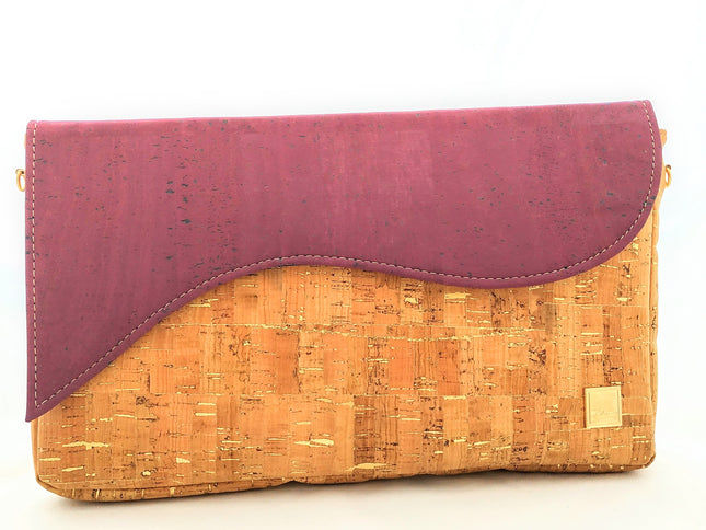 Tikiwe®Wave Basistasche aus Kork, naturfarben mit goldenen Flakes und der Wechselklappe in der Farbe Lila, Clutch, Schultertasche, langer Träger, Wechselklappe optional