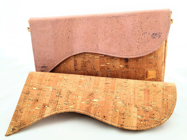 Tikiwe®Wave Basistasche aus Kork, naturfarben mit goldenen Flakes und der Wechselklappe in zartem rosa, Clutch, Schultertasche, langer Träger, Wechselklappe optional