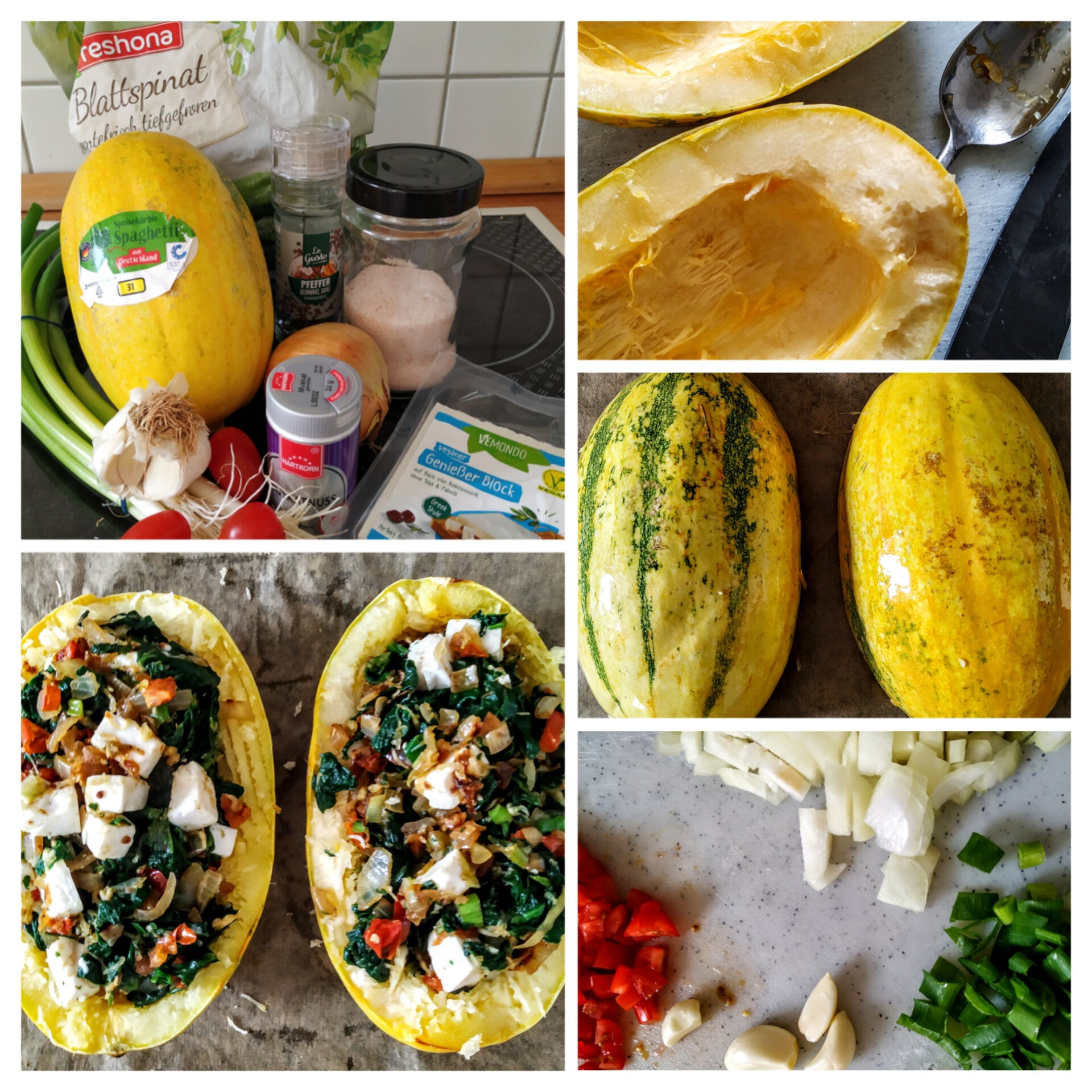 Spaghettikürbis mit Spinat und veganem Schafskäse von Tikiwe®