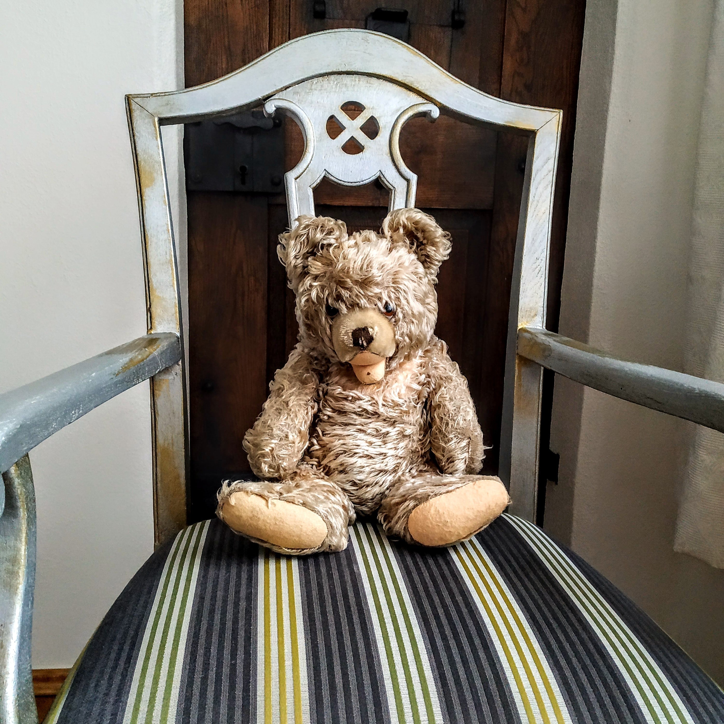 Teddy sitzt auf einem Stuhl