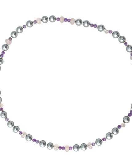 Collier, 54 cm, Magnetschließe, Muschelkernperlen grau, rosa Calcit, Amethyst, nicht vegan!
von Tikiwe
