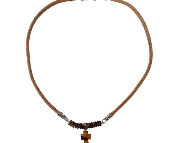 Collier aus Kork mit Bernsteinkreuz und 14 Tigeraugenscheiben handmade by Tikiwe