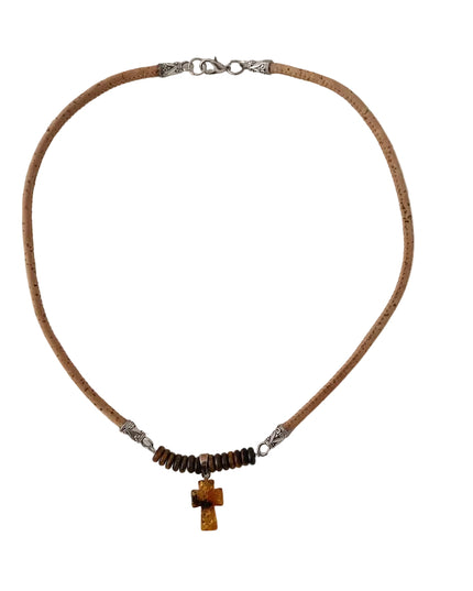 Collier aus Kork mit Bernsteinkreuz und 14 Tigeraugenscheiben handmade by Tikiwe