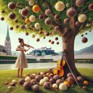 Geigenspielerin vor der Skyline Salzburg mit Baum und Mozartkugeln, Mozartkugelernte 11. bis 13. Oktober 2024