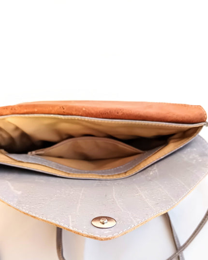 Innenansicht Clutch "Kuvert", 1 Reißverschlussfach und 2 große Innenfächer sowie 1 Einschubfach