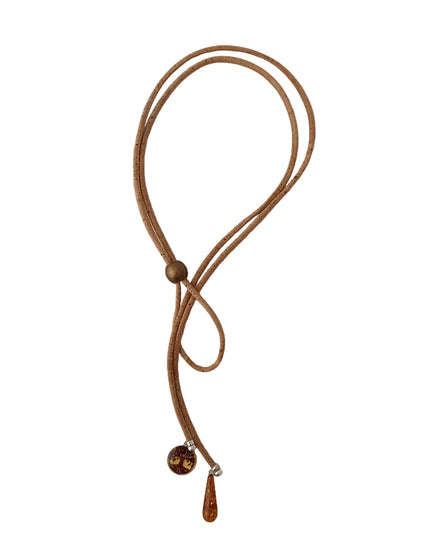 Ypsilon-Kette aus Kork mit Bernstein-Lebensbaum und Bernsteintropfen, handmade by Tikiwe