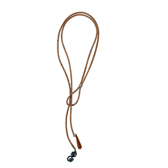 Ypsilon-Kette aus Kork mit Bernstein und Apatit-Glasfluss-Blumen, handmade by Tikiwe