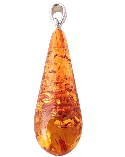langer schmaler Bernsteintropfen Nr 2 mit 925 Silberöse an Korkkordel
