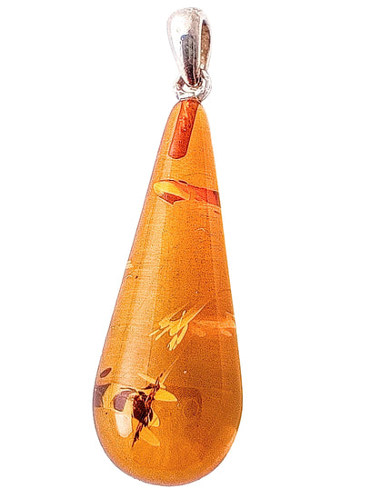 langer schmaler Bernsteintropfen Nr 3 mit 925 Silberöse an Korkkordel