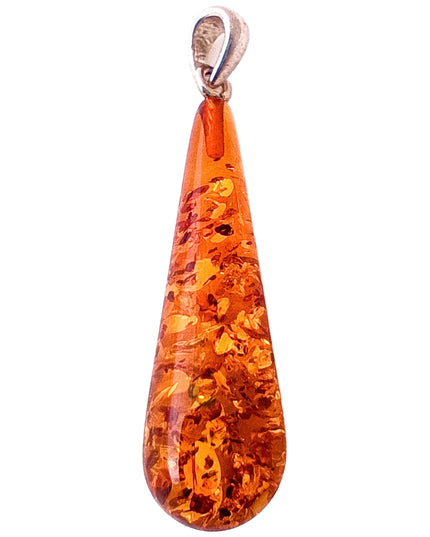 langer schmaler Bernsteintropfen mit 925 Silberöse an Korkkordel