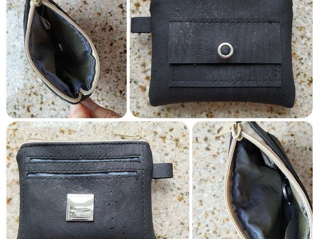Collage Schlüsselmäppchen aus schwarzem Kork von Tikiwe®-Taschen aus Kork , vorne hinten, innen