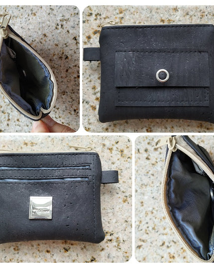 Collage Schlüsselmäppchen aus schwarzem Kork von Tikiwe®-Taschen aus Kork , vorne hinten, innen