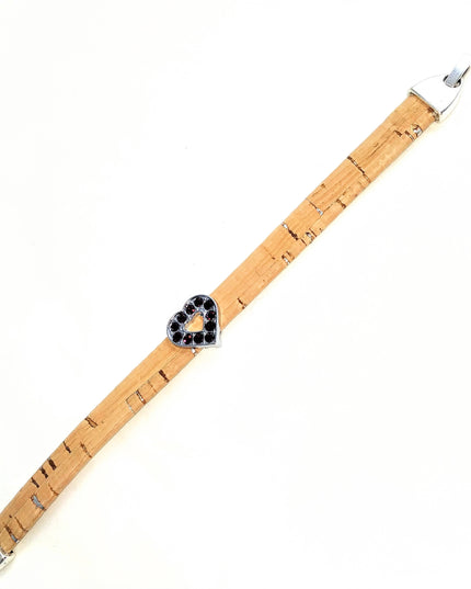 Armband aus Kork, naturfarben, Herz aus Edelstahl und schwarzen Glitzersteinchen, französische Schließe, 10 mm breit