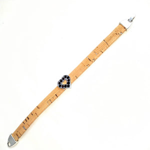 Armband aus Kork, naturfarben, Herz aus Edelstahl und schwarzen Glitzersteinchen, französische Schließe, 10 mm breit