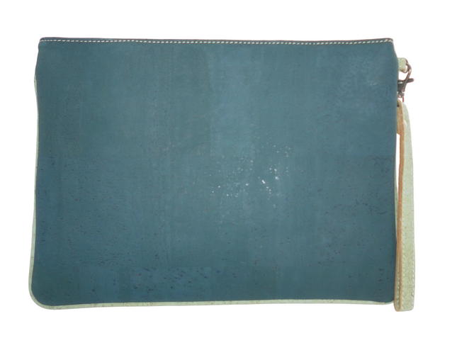 Rückseite Clutch aus Kork mit Handschlaufe, petrol und lindgrün